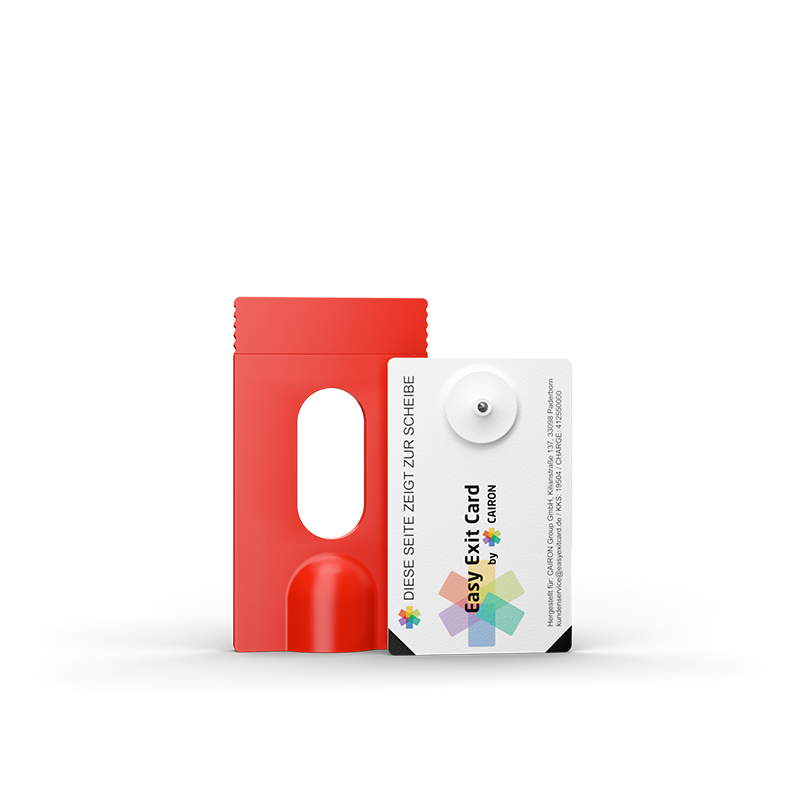 rote Kartenhülle neben weißer Karte mit Aufschrift "Easy Exit Card" und runder Metallspitze.