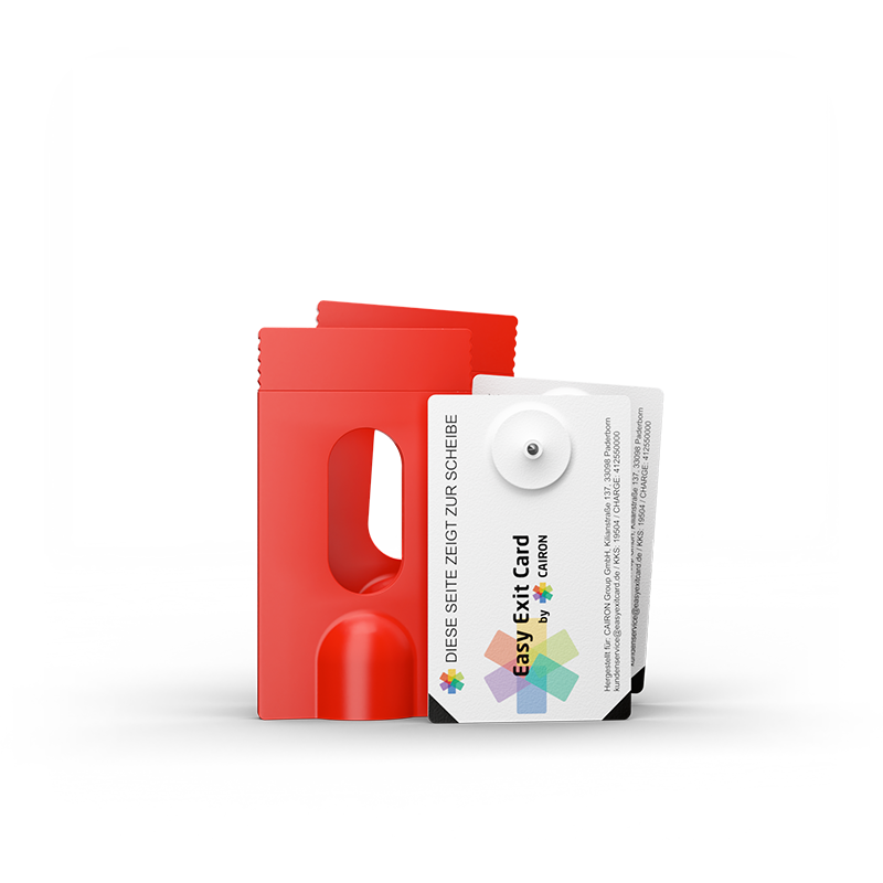 Rote Kartenhüllen mit weißen Easy Exit Cards, Karte zeigt Logo, Text und runde Metallspitze.