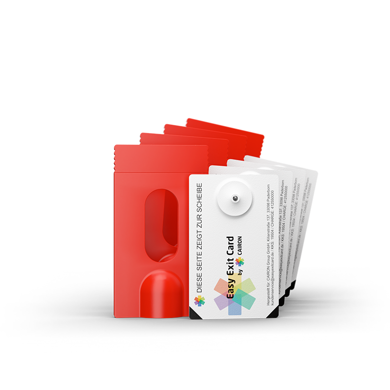 Rote Kartenhüllen mit eingesetzter weißen Notfallkarte "Easy Exit Card" und mehrerer herausstehender Hüllen und Karten. Produkt als 4er Bundle.