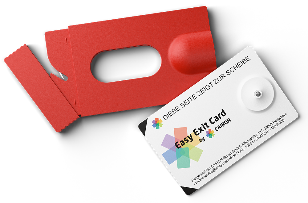 Weiße Easy Exit Card mit bunter Logo‑Grafik und Metallspitze neben roter Kartenhülle.