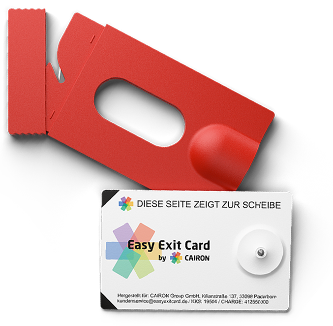 Rote Kunststoffhülle mit länglichem Öffnung und weißer Karte „Easy Exit Card“ mit Hinweis „Diese Seite zeigt zur Scheibe“.