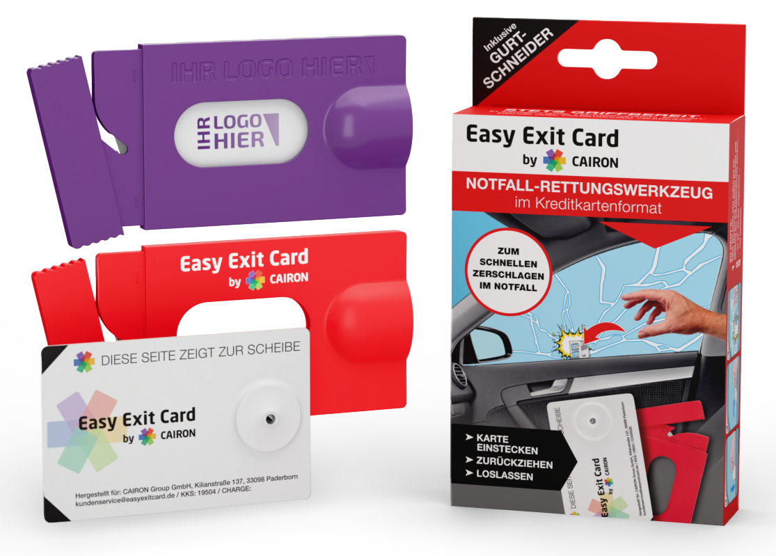 Mehrere farbige Easy Exit Card Notfall-Rettungswerkzeuge im Kreditkartenformat und die dazugehörige Verpackung mit Anleitungsgrafik.