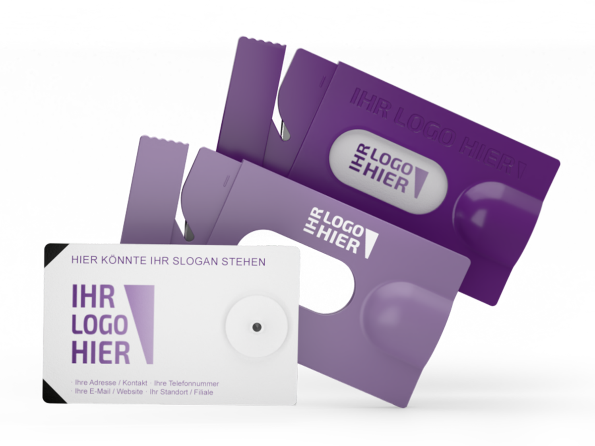 Zwei lila und weiße Werbekarten im Kartenformat mit Platzhaltern für Logo, Slogan und Kontaktinfos, auf weißem Hintergrund.
