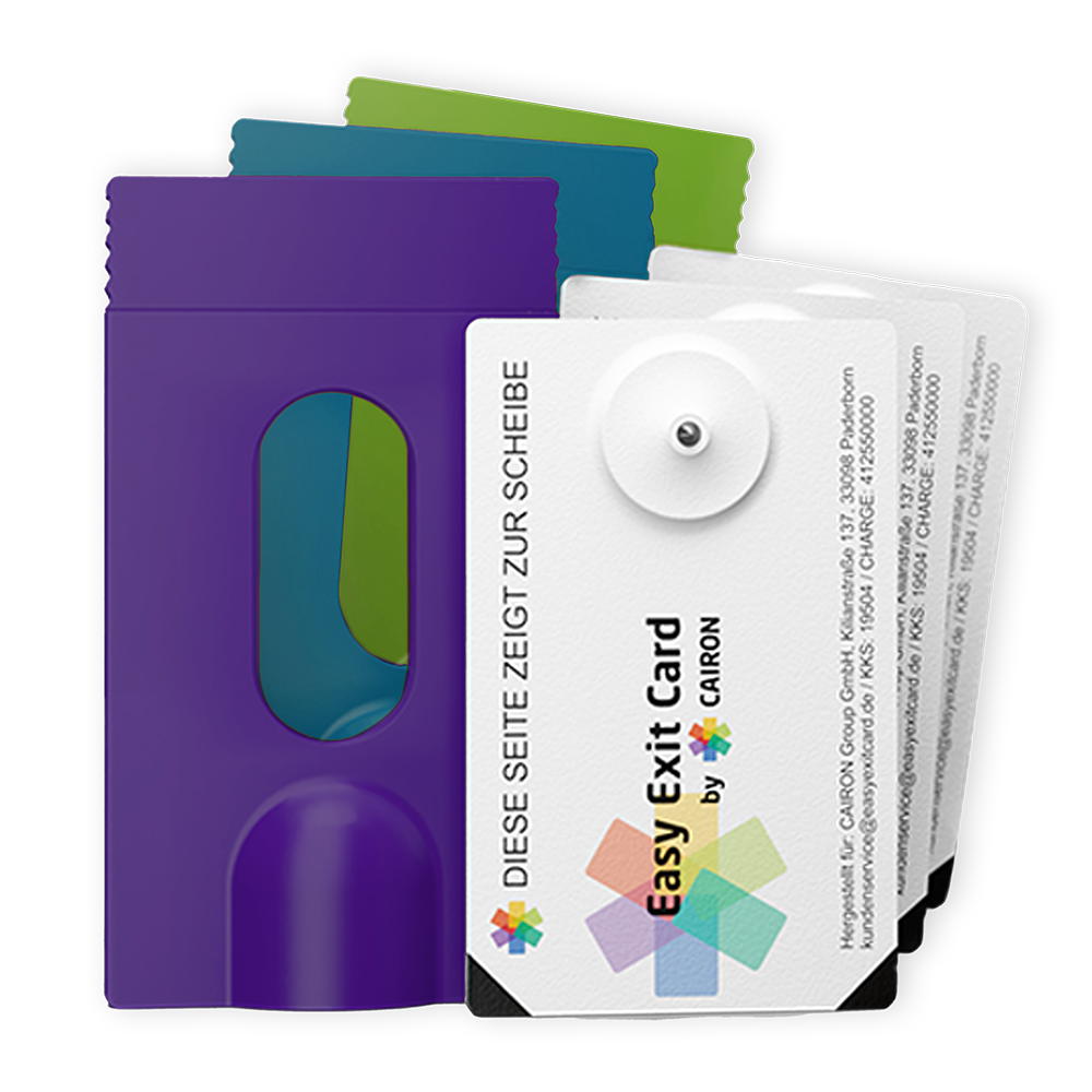 Bunte Kartenhüllen und weiße Easy Exit Cards mit Text
