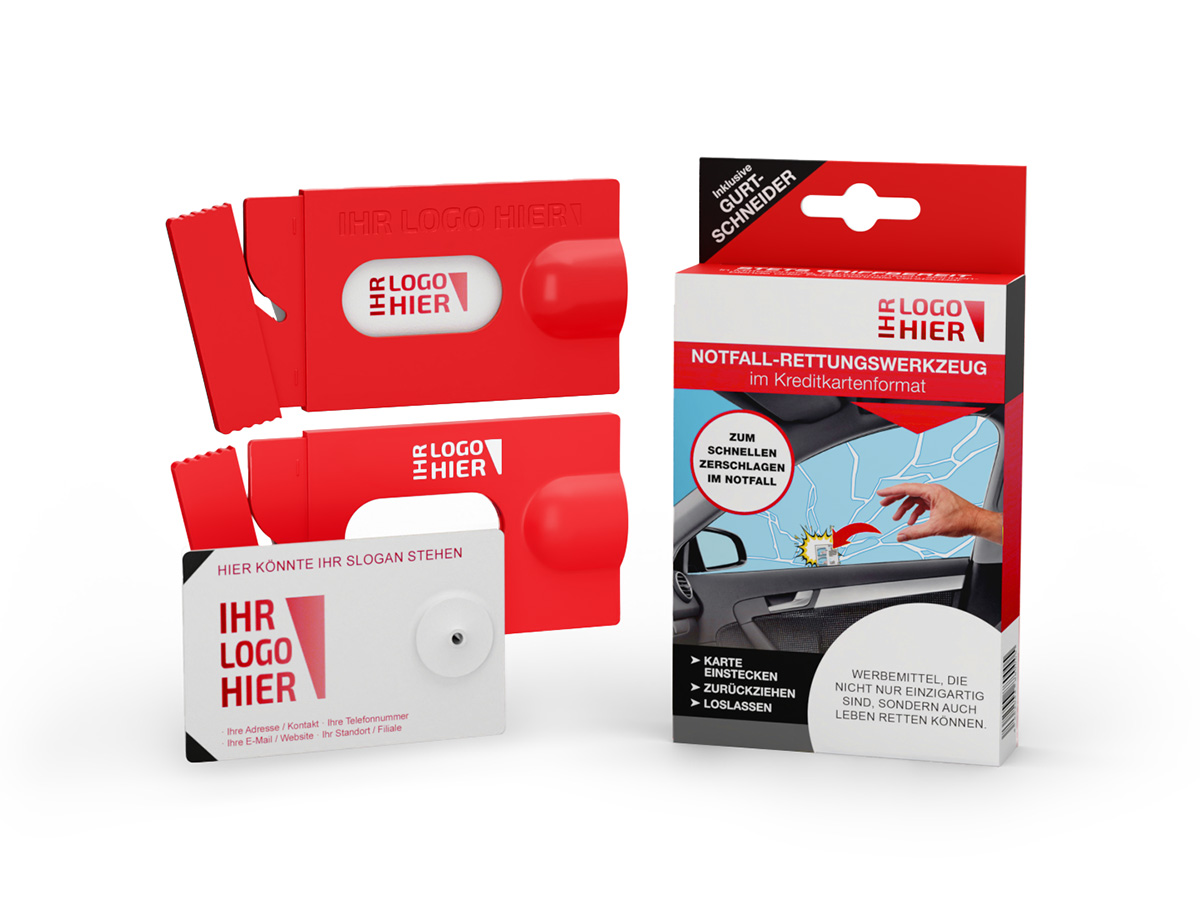 Rotes Notfall-Rettungswerkzeug im Kreditkartenformat mit Gurtschneider und Nothammer im Kartenformat, Verpackung zeigt Anwendung am Autofenster.