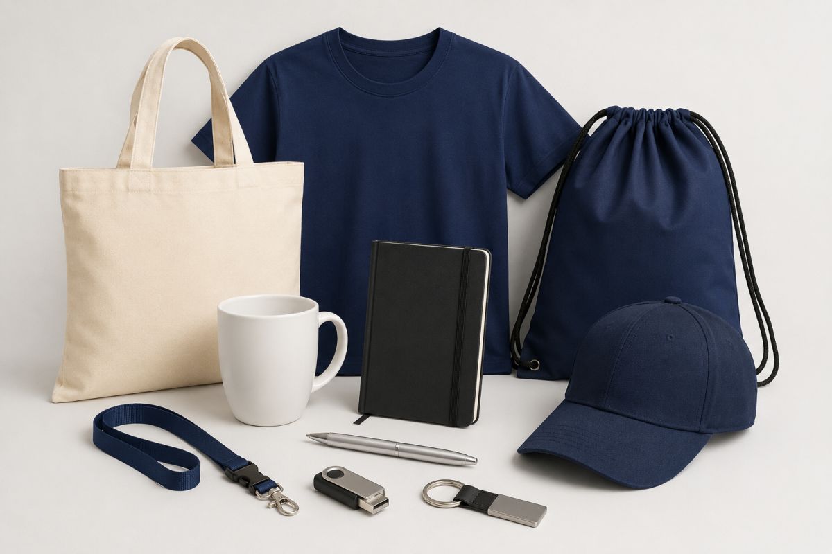 Stilvolle Werbemittel auf hellem Hintergrund: dunkelblaues T‑Shirt, Turnbeutel und Baseballcap, naturfarbene Stofftasche, weiße Tasse, Notizbuch, Stift, Schlüsselband, USB‑Stick und Schlüsselanhänger.