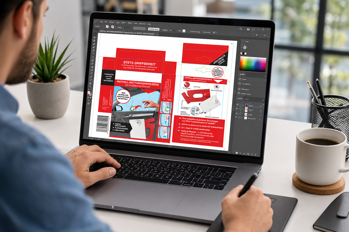 Person sitzt am Schreibtisch und gestaltet auf einem Laptop in einem Grafikprogramm eine rote Verpackungsvorlage für ein Notfall-Rettungswerkzeug, daneben Kaffeetasse und Pflanzenpot.